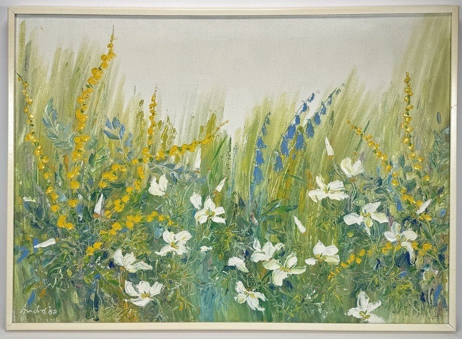 859. Olieverfschilderij – bloemrijke weide, 1982, Ophalen of Verzenden, Olieverf, Bloemen