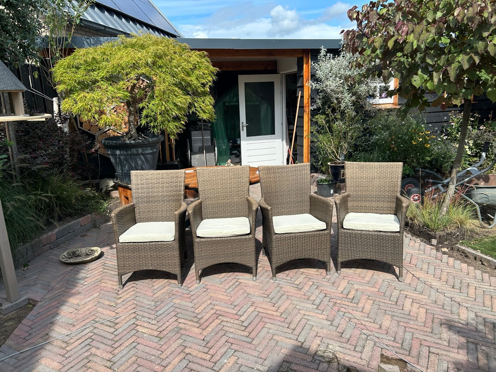 4 Wicker tuinstoelen met kussens, Ophalen, Gebruikt, Wicker