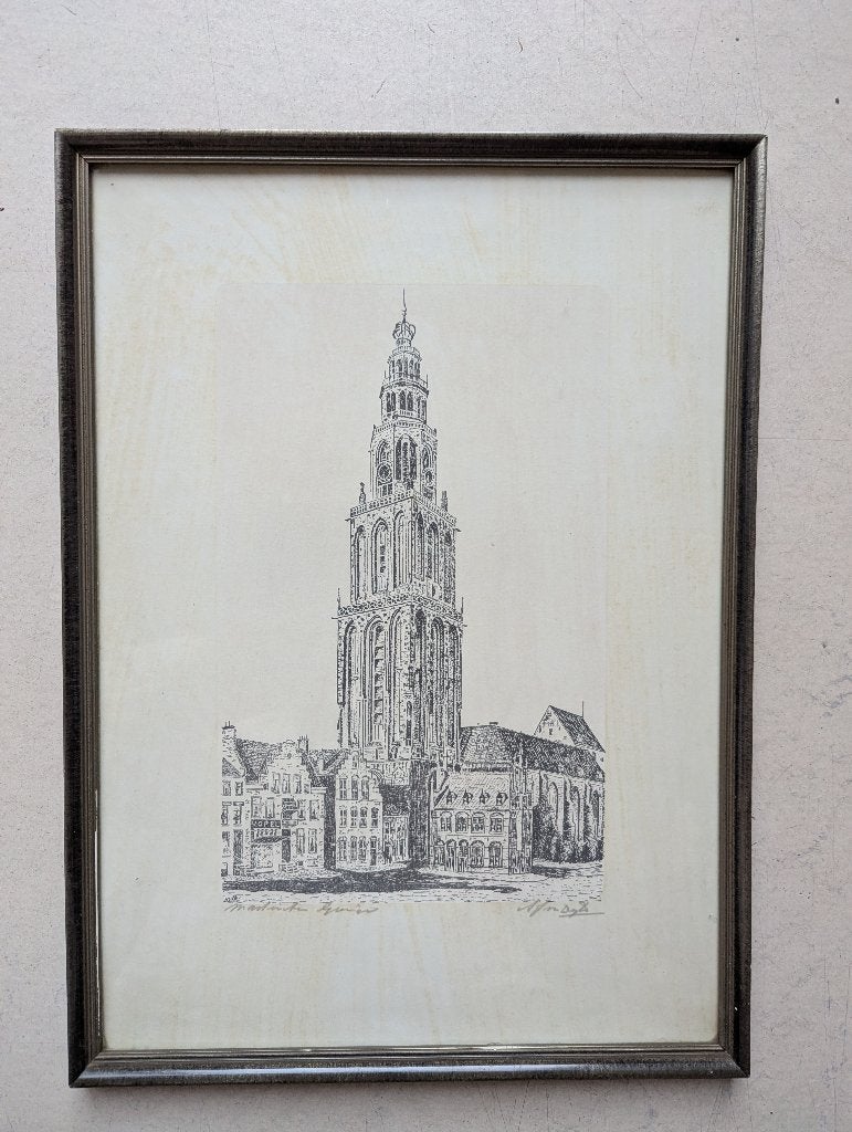 Ingelijste ets van de Martinitoren Groningen jaren 40/50, Antiek en Kunst, 40 cm, Architectuur, Ophalen of Verzenden, 29 cm