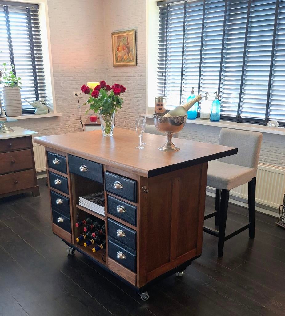 Mass. houten (keuken) Eiland-Toonbank met overstek, laden., Ophalen of Verzenden