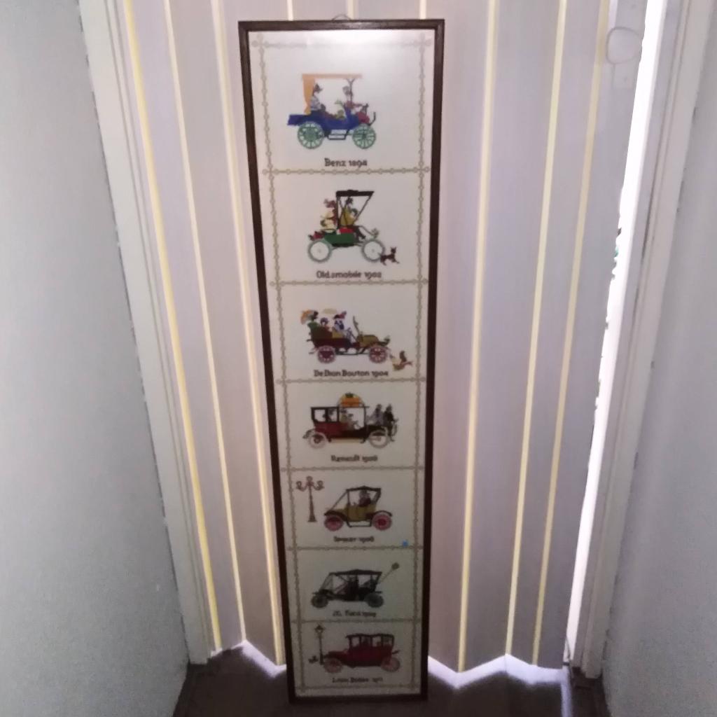 Ingelijst geborduurd schilderij met oldtimers, Gebruikt, 20 cm, Textiel, Klassiek