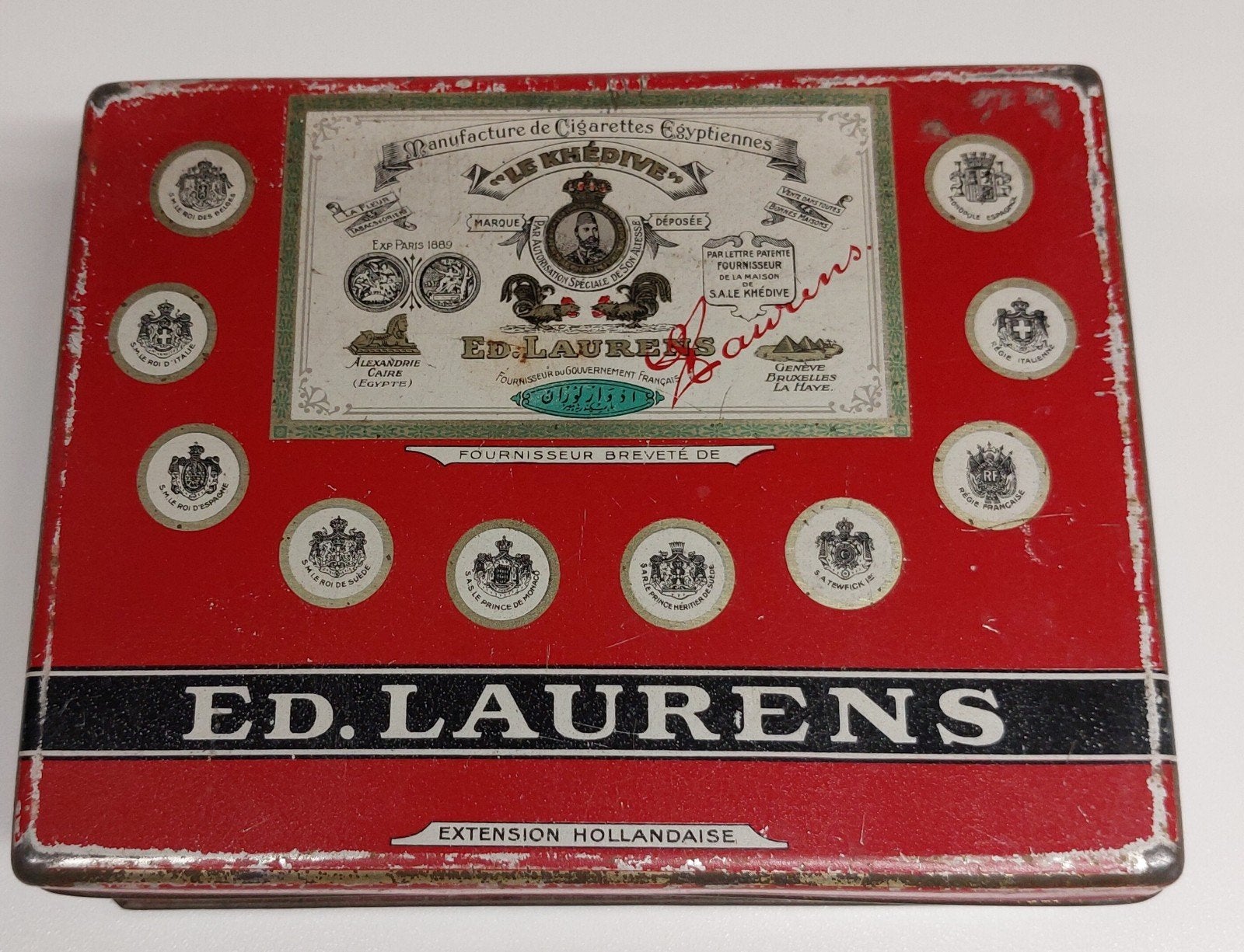 Rood tabaksblikje met opdruk van Ed. Laurens., Ophalen of Verzenden, Gebruikt