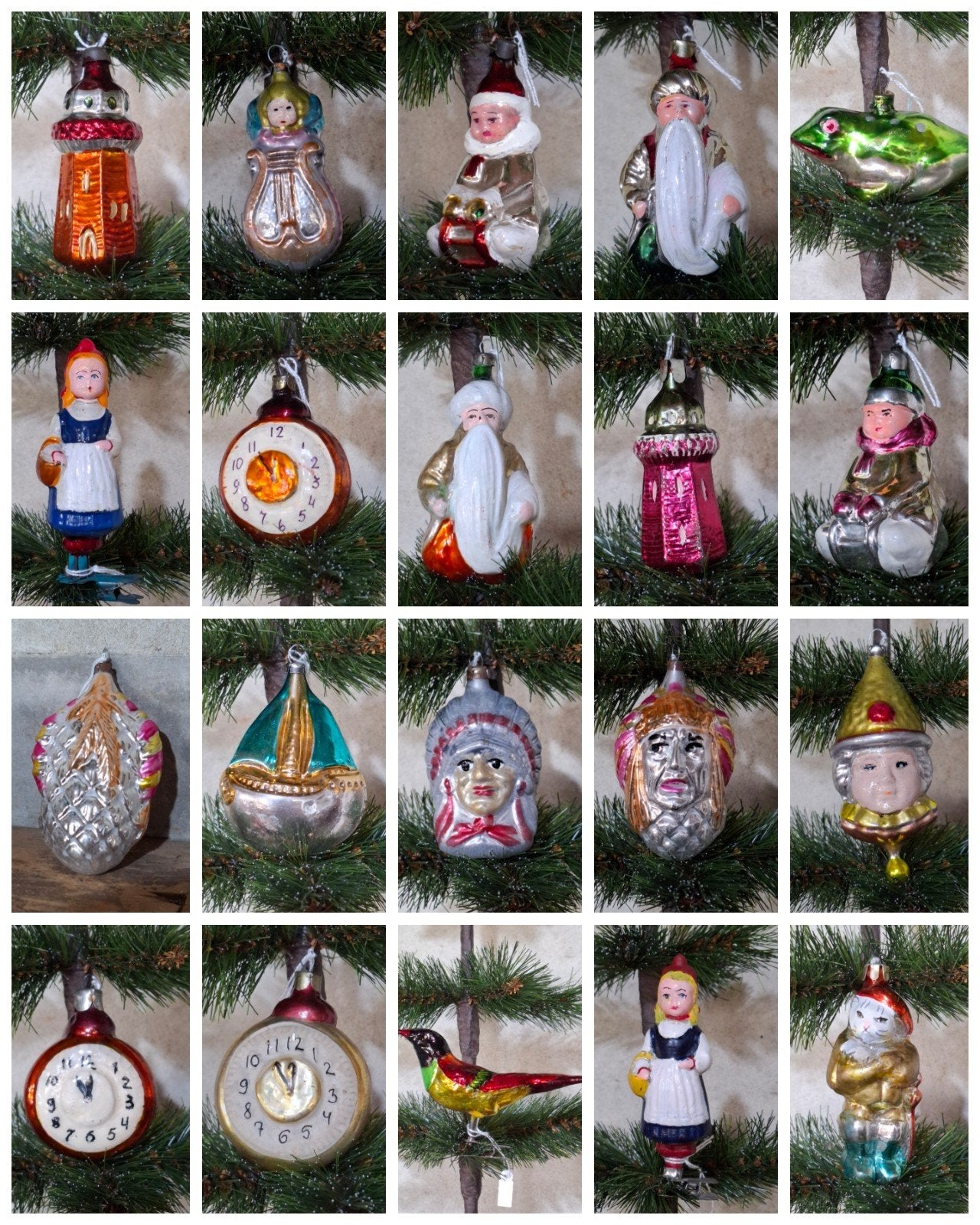 Oude antiek vintage kerstballen indiaan pierrot roodkapje, Diversen, Kerst, Gebruikt, T, Ophalen of Verzenden, N