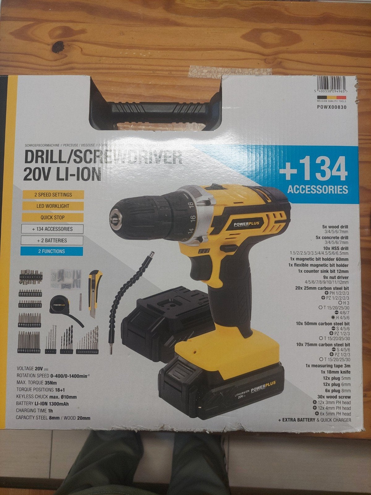 Schroefboormachine 20V POWX00830 met 134 accessoire, Ophalen of Verzenden, Nieuw, Boor- en Schroefmachine