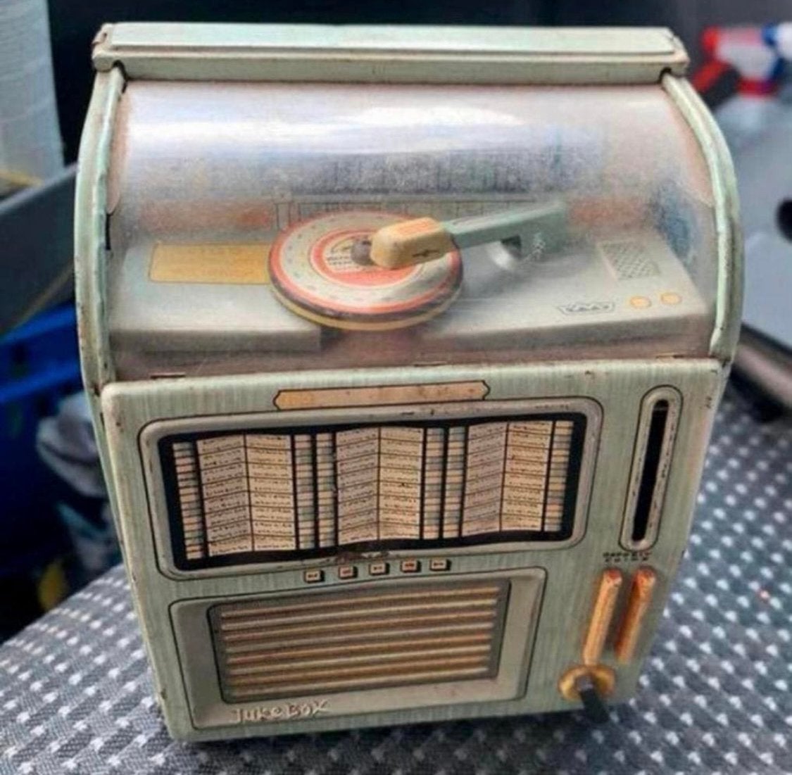 Blikken Selecto Matic miniatuur JUKEBOX spaarpot Japan 50s., Antiek en Kunst, Antiek | Speelgoed, Ophalen of Verzenden