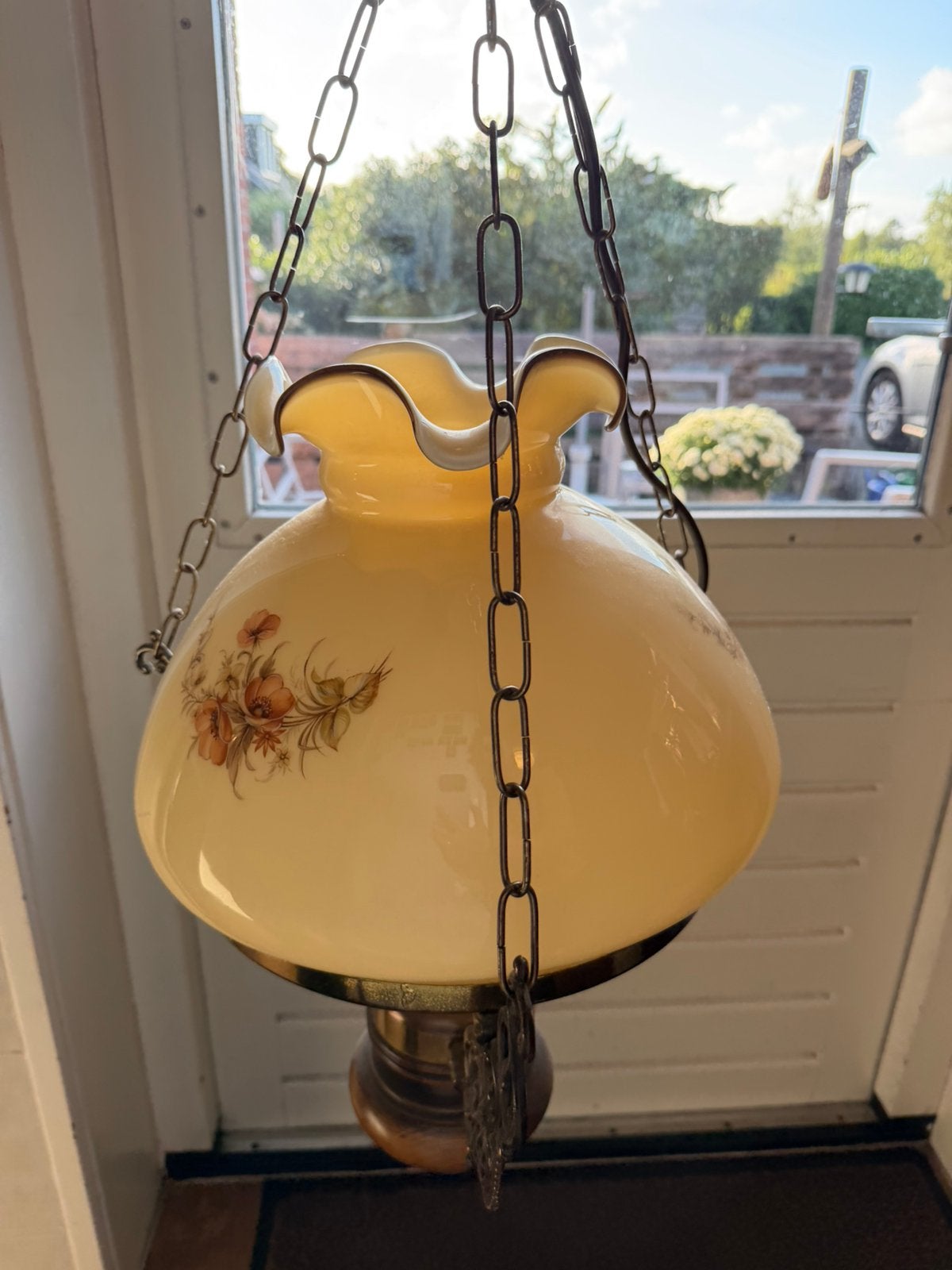 Vintage retro elektrische hanglamp met mooie glazen kap, Ophalen of Verzenden, Zo goed als nieuw, Glas, Retro vintage