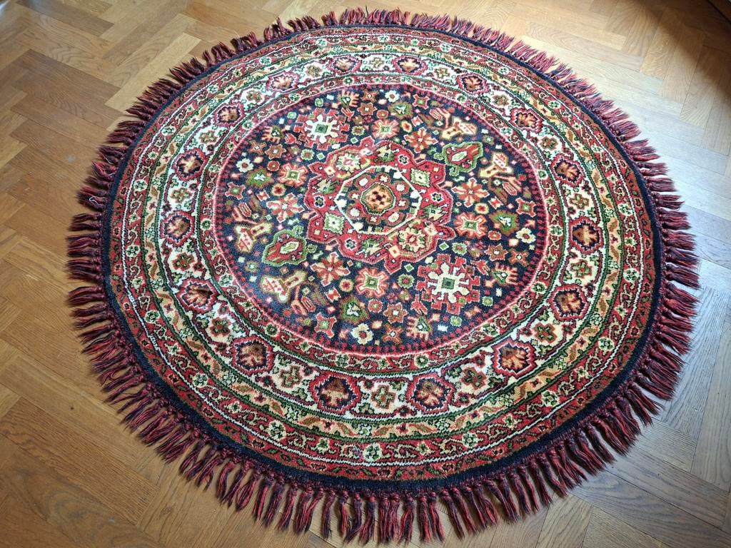 Rond vloerkleed met oosters patroon en franjes (vintage), Gebruikt, Rond, Ophalen of Verzenden, Groen