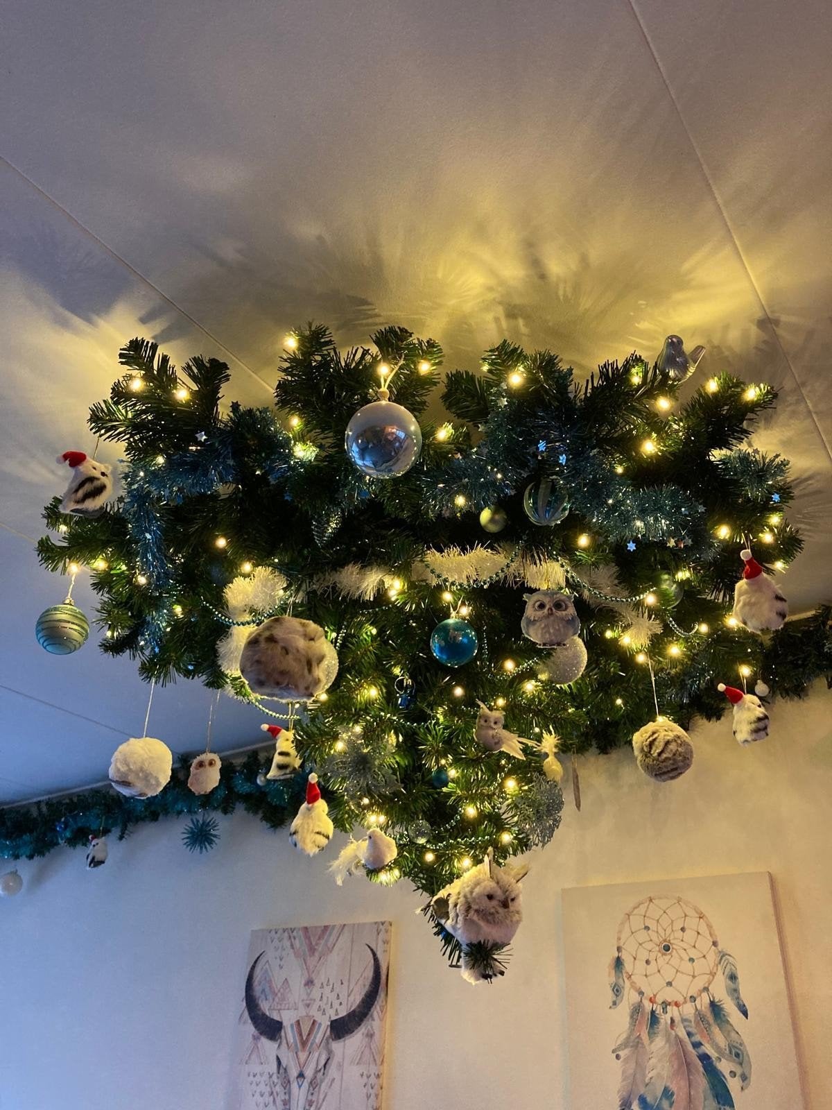 Plafond Kunstkerstboom; compleet ballen en ornamenten., Ophalen, Zo goed als nieuw