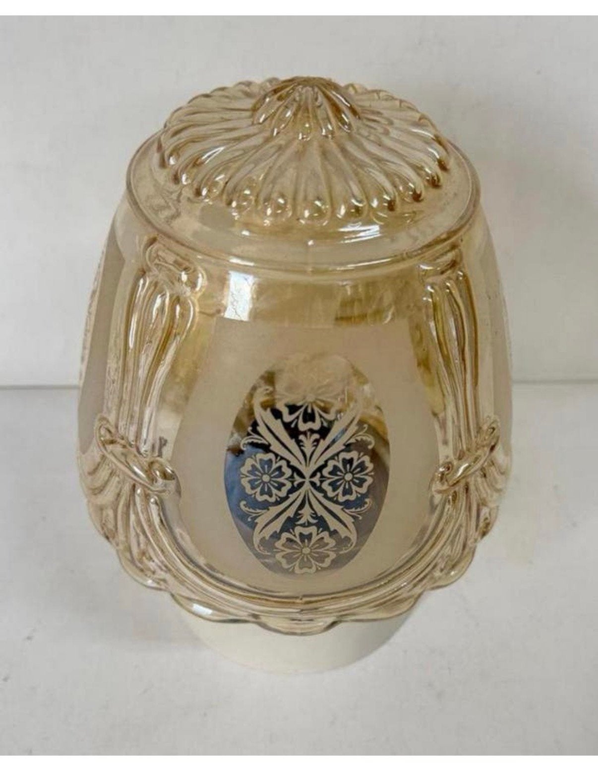 Vintage lamp amber glas wit geëtst glas franse stijl, 16 cm, Zo goed als nieuw, Plafondlamp, Goud