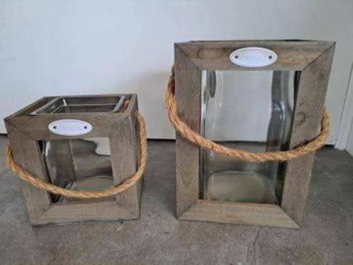 Stoer,robuust,landelijk,houten windlichten,houten lantaarns, Ophalen of Verzenden, Zo goed als nieuw, Hout, Bruin