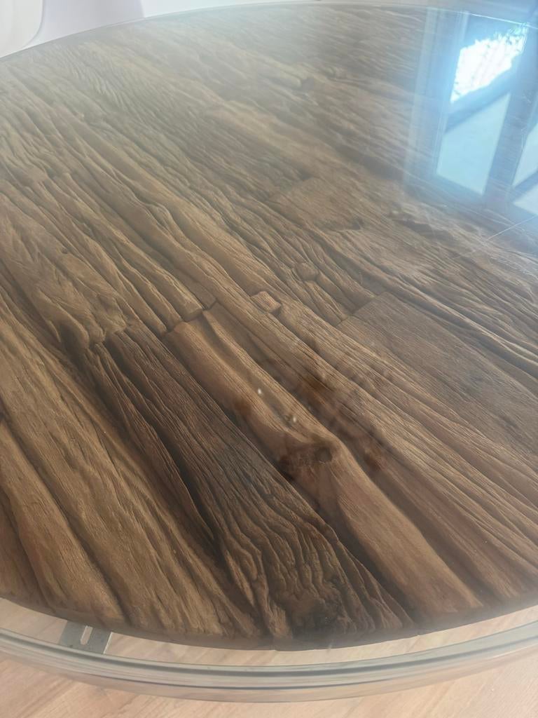 Ronde eettafel 130 cm – glas & modern metalen onderstel, Huis en Inrichting, Tafels | Eettafels, Ophalen, Gebruikt, 100 tot 150 cm