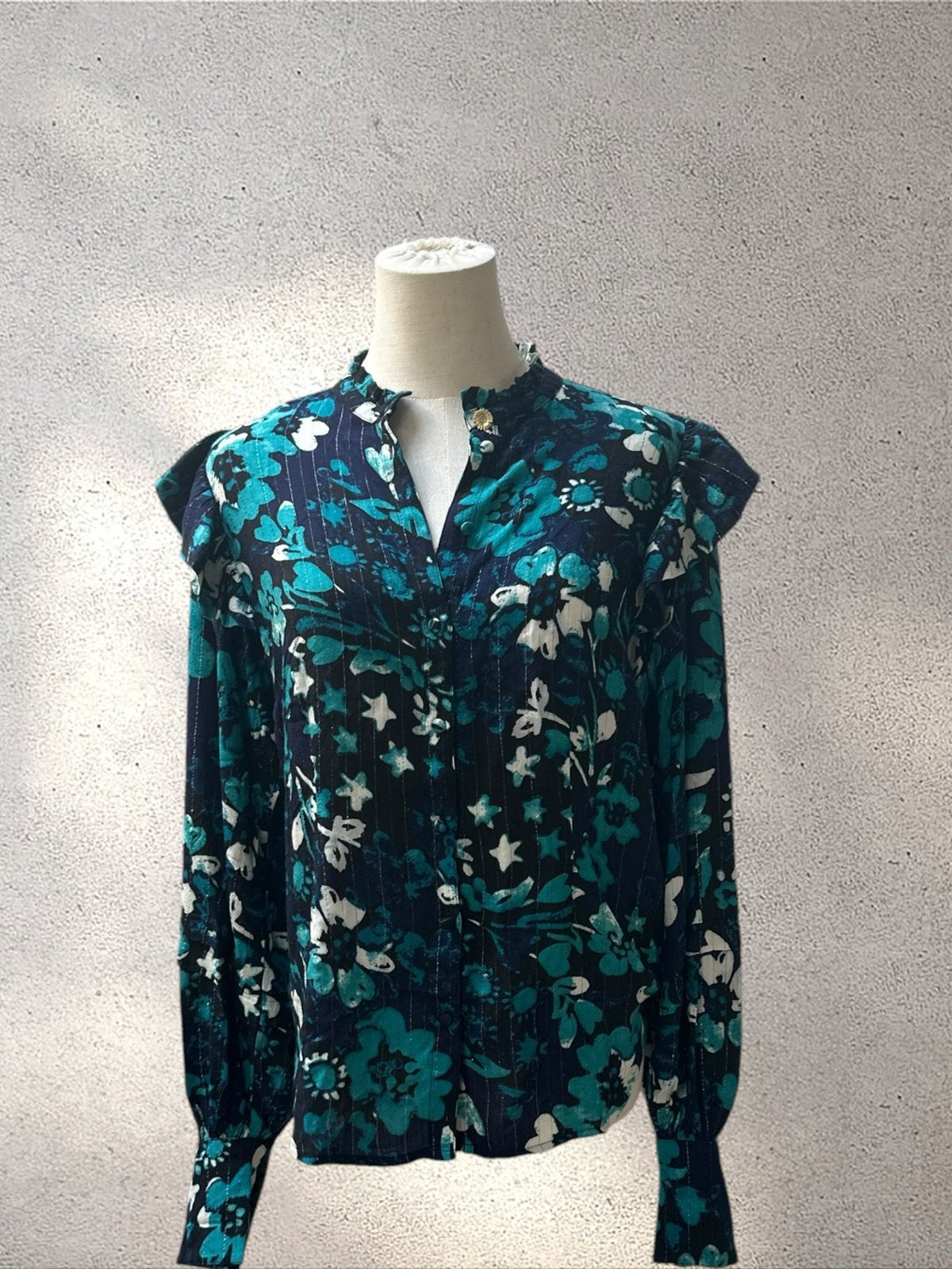 Fabienne Chapot blouse met bloemenprint en ruches, Kleding | Dames, Ophalen of Verzenden, Zo goed als nieuw, Maat 36 (S), Blauw