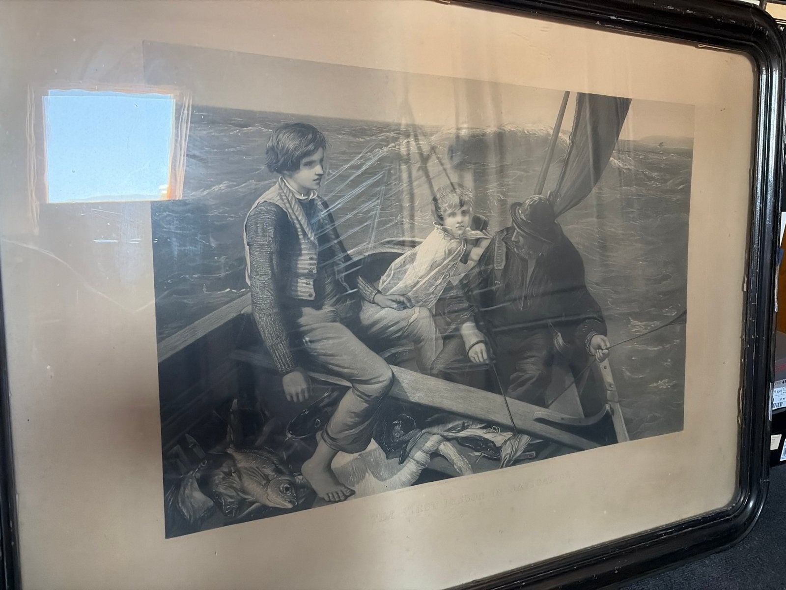 Antieke prent 'Saved' in lijst, 101x78 cm, Ophalen, Gebruikt, Print, 75 tot 100 cm