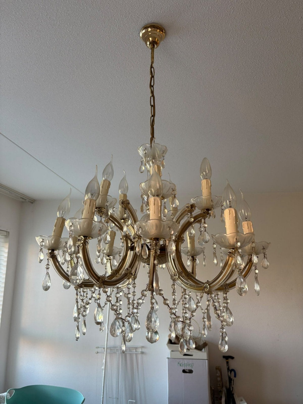 Grote Kristallen Kroonluchter met 15 Lichtpunten, Ophalen, Gebruikt, E14 (klein), Glas