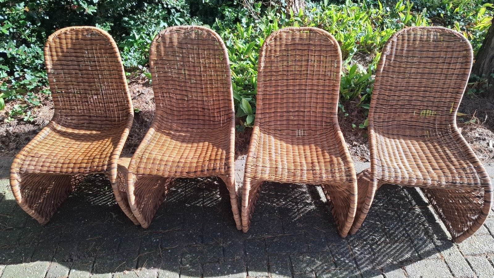 Set van 4 vintage design rotan S-stoelen – Panton stijl, Ophalen, Gebruikt, Riet of Rotan, Vier