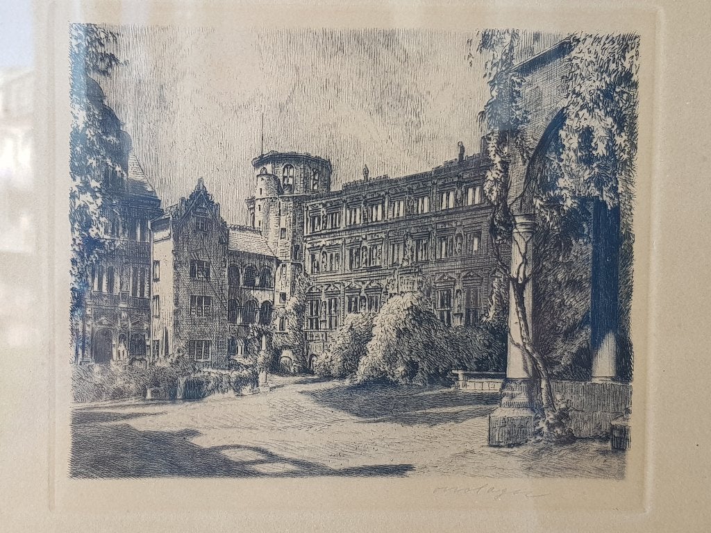 Mooie originele antieke ingelijste ets 22-26 cm., Ingelijst, Ets, Stadsgezicht, Ophalen of Verzenden