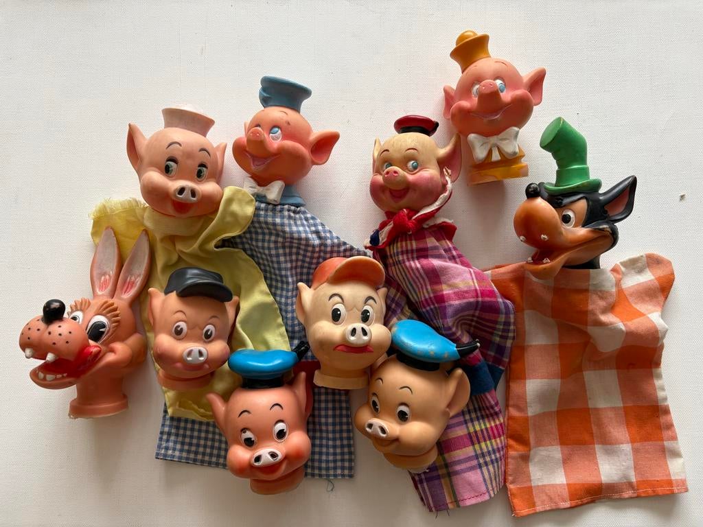 Vintage handpoppen: De Drie Biggetjes en de Grote Boze Wolf, Ophalen of Verzenden, Gebruikt, Overige typen