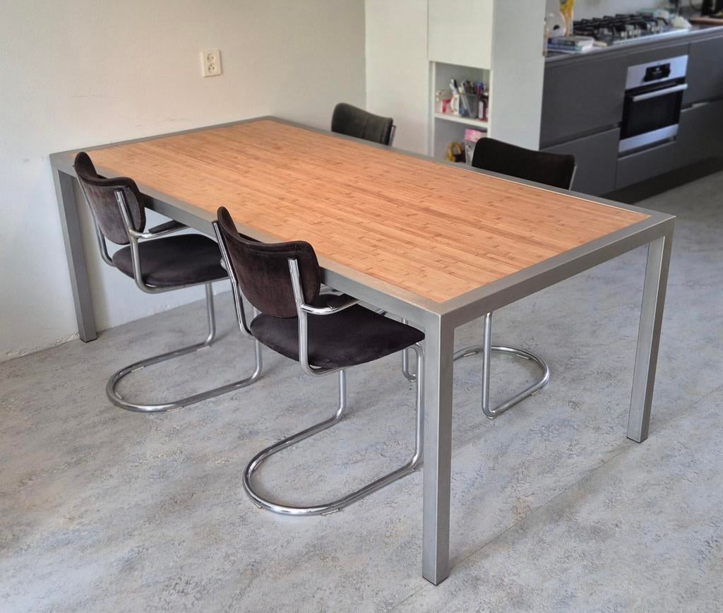 Dutch Design Eettafel Bamboe & RVS - 100x200x76cm, Gebruikt, 100 tot 150 cm, Vijf personen of meer, 150 tot 200 cm