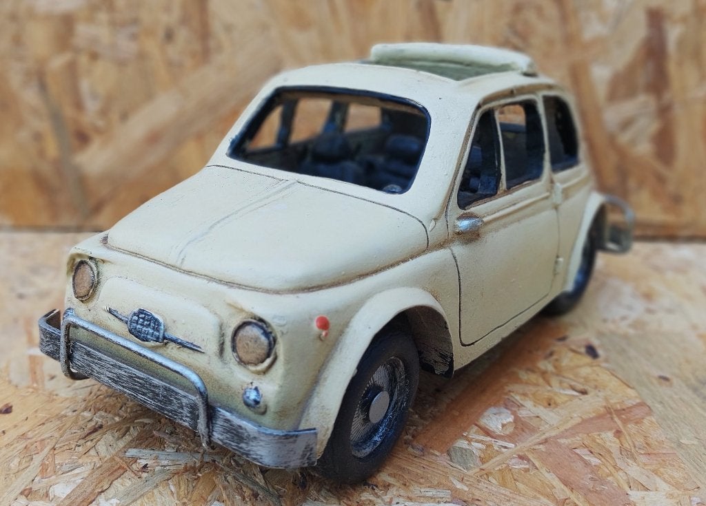 JayLand / Fiat 500 / Oldtimer schaalmodel / Metaal / Beige, Overige merken, Ophalen of Verzenden, Zo goed als nieuw, Groter dan 1:32