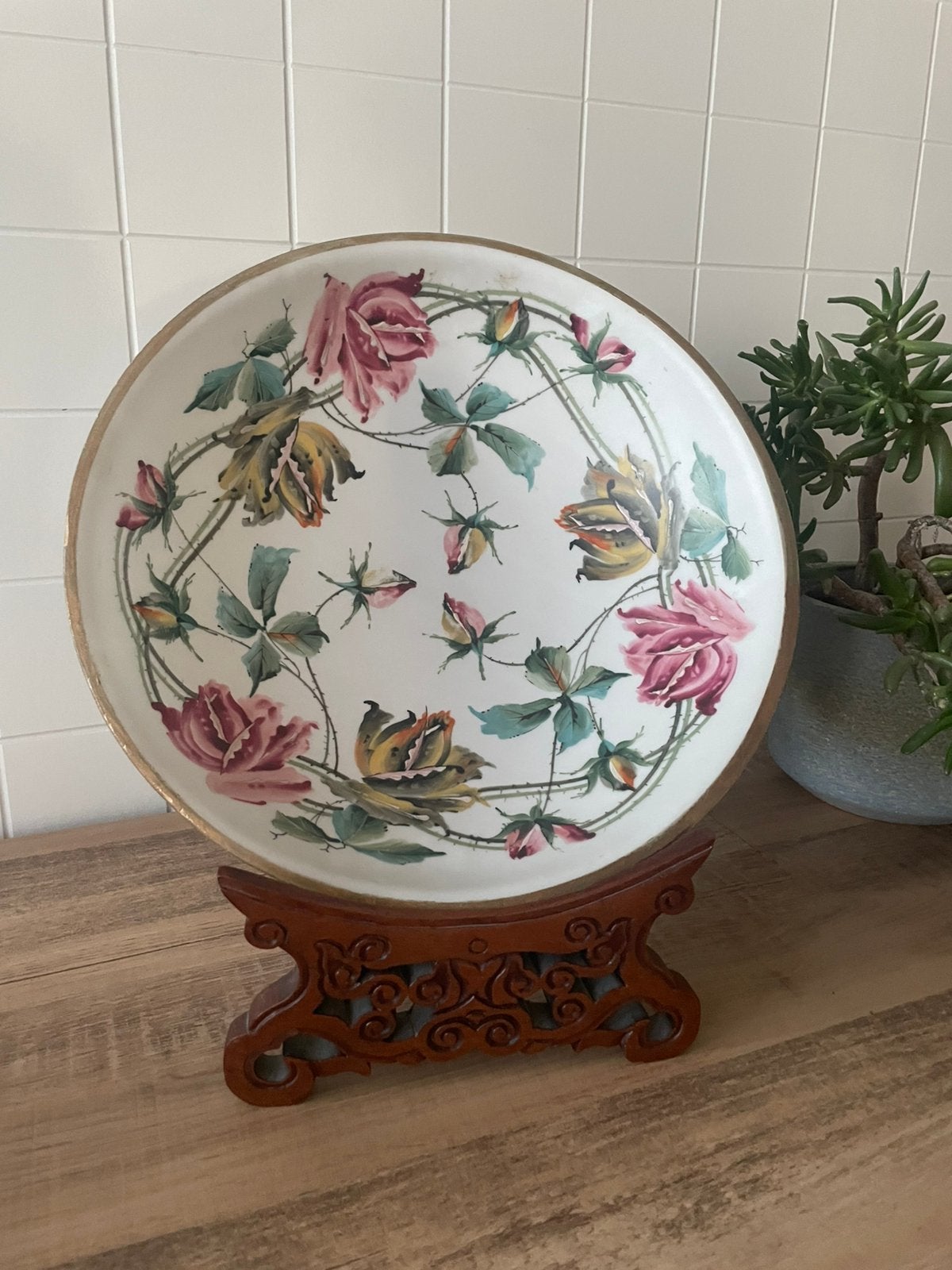 Prachtige antieke schaal opaalglas Art Nouveau rozenmotief, Ophalen