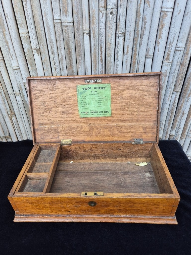 Antiek - Gereedschapskist - Kist - Eng. - Eiken - Merklabel, Ophalen of Verzenden