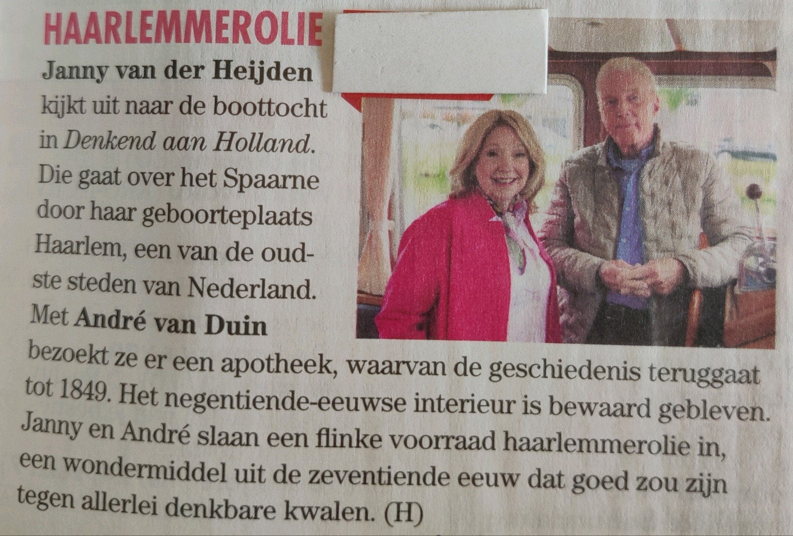 André van Duin / Janny  Knipsel Artikel : Haarlemmerolie, Ophalen of Verzenden, 1980 tot heden, Knipsel(s)