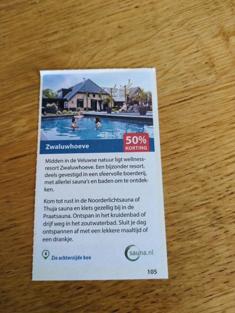 Kortingsbon voor de Zwaluwehoeve, 50 %, Tickets en Kaartjes, Drie personen of meer, Kortingsbon, Spa of Sauna