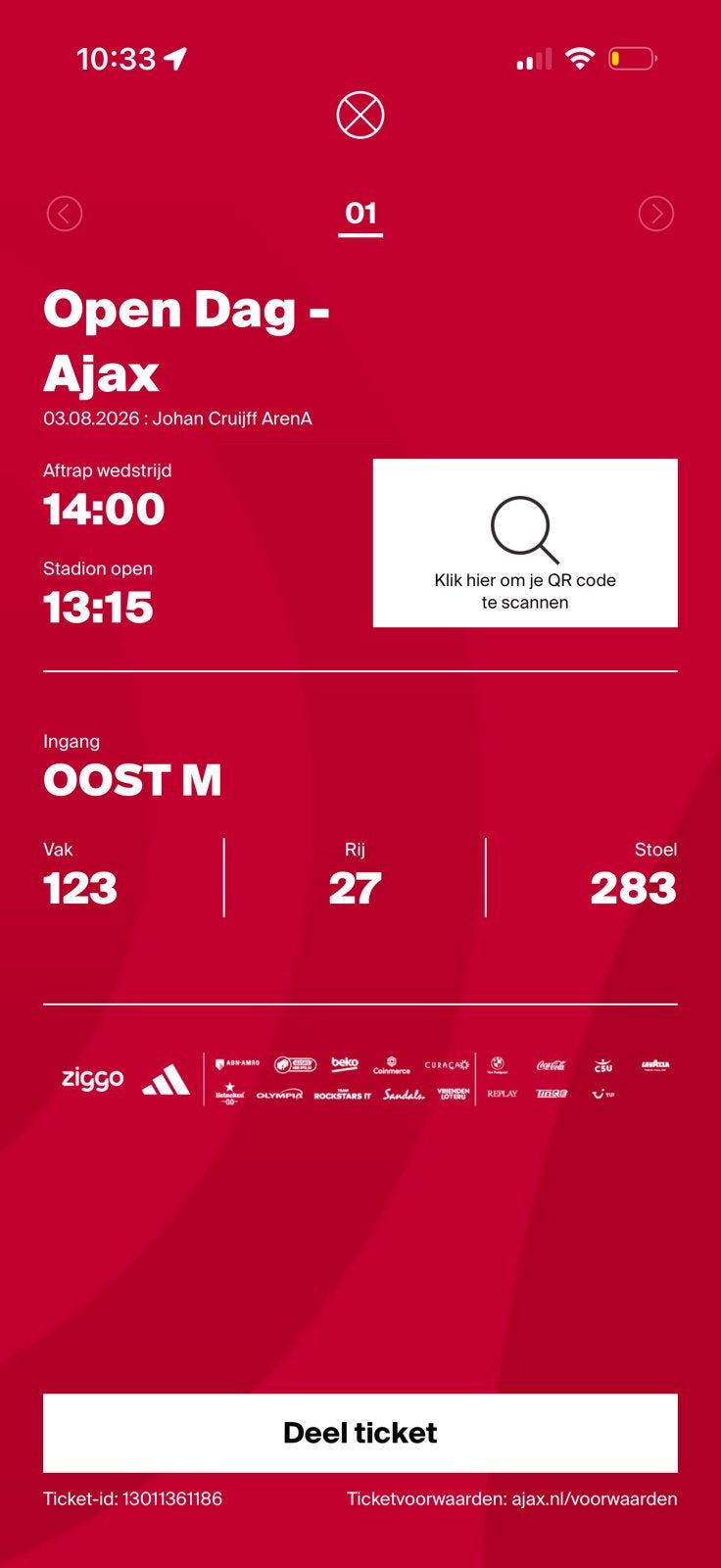 Ajax open dag kaart - goede plek, Tickets en Kaartjes, Seizoenskaart, Eén persoon