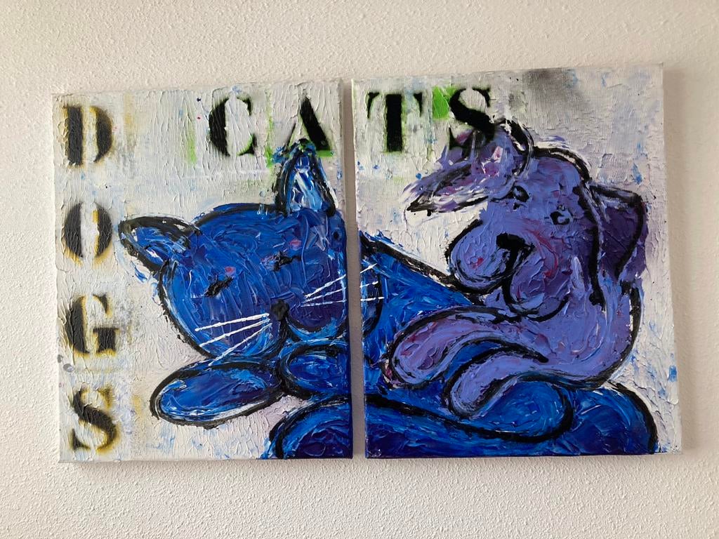 Dieren schilderij: 'Dogs & Cats' - Uniek kunstwerk, Antiek en Kunst, Ophalen of Verzenden