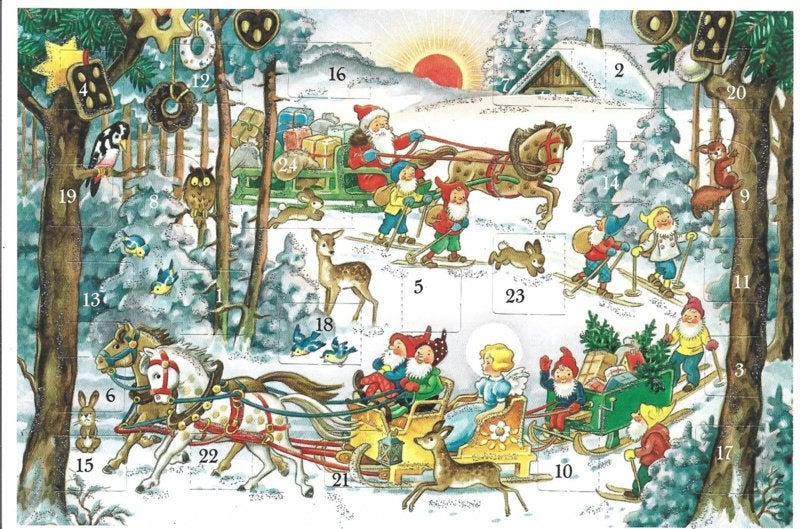 Adventskalender Kaart: Cadeautjes slee in wit bos - 12527, Ophalen of Verzenden, Nieuw