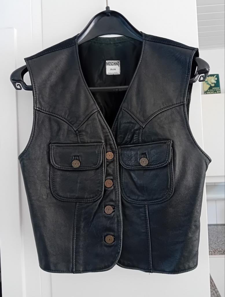 MOSCHINO leren gilet, Zwart, Zo goed als nieuw, Maat 36 (S), Moschino