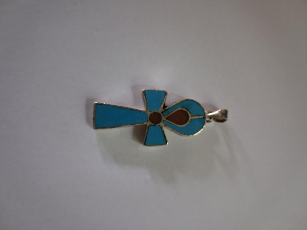 Zilveren Ankh hanger met turkoois inleg - 4x2 cm, Gebruikt, Overige voorstellingen, Ophalen of Verzenden, Met edelsteen