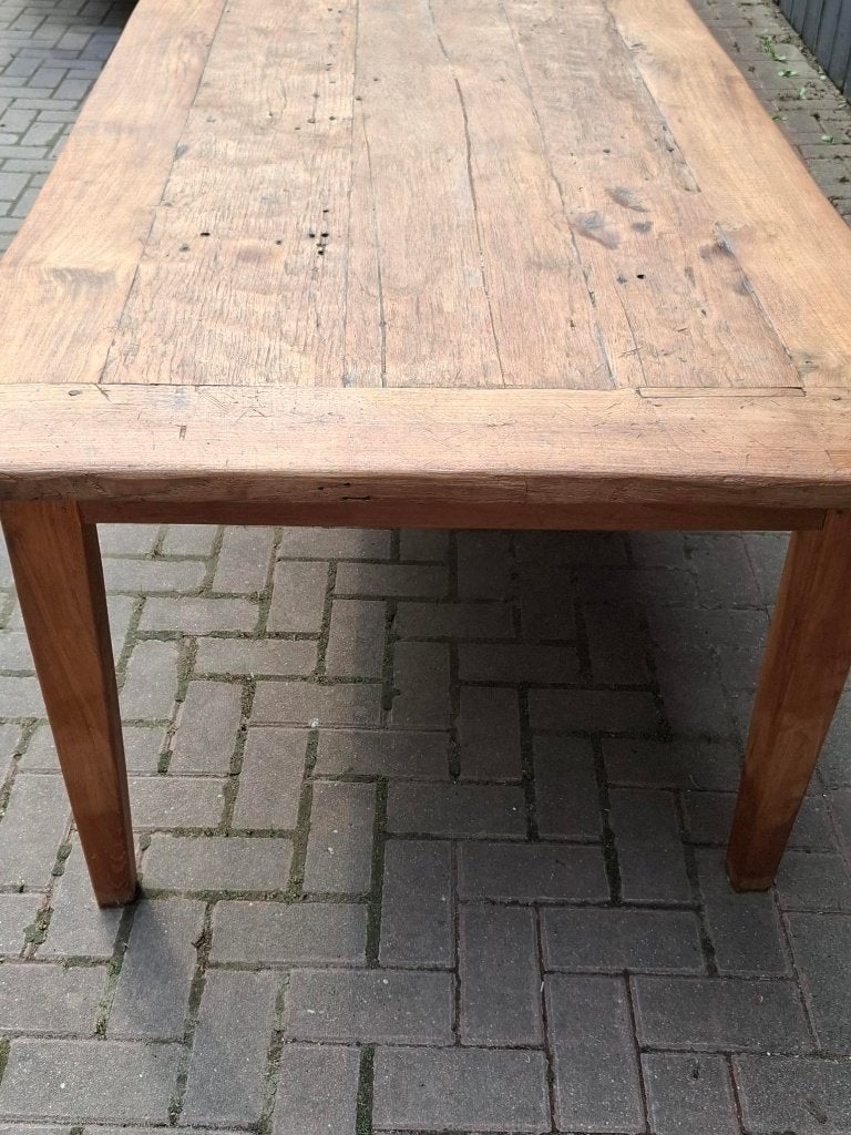 Mooie robuuste doorleefde 6p. massief houten eettafel, Ophalen, Gebruikt, 100 tot 150 cm, Eikenhout