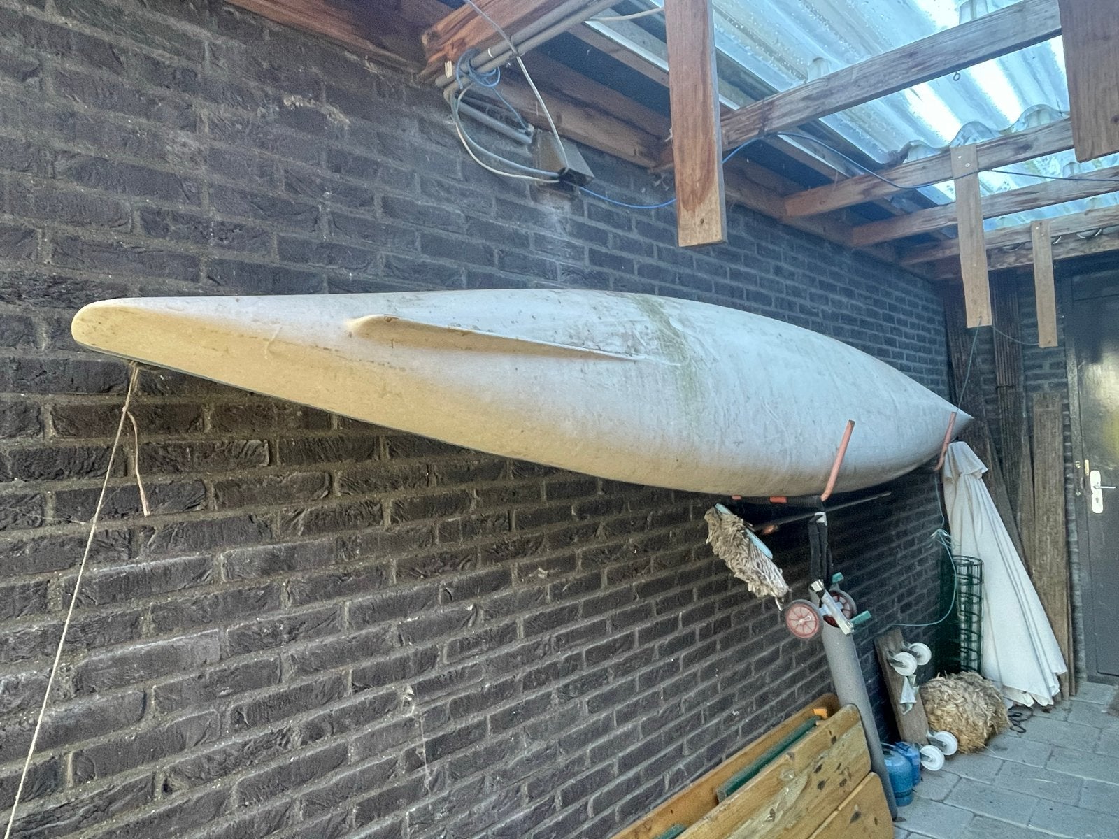 Kajak met peddel en transportkarretje en bodyhoes, Ophalen, Gebruikt, Eén persoon, Met peddels