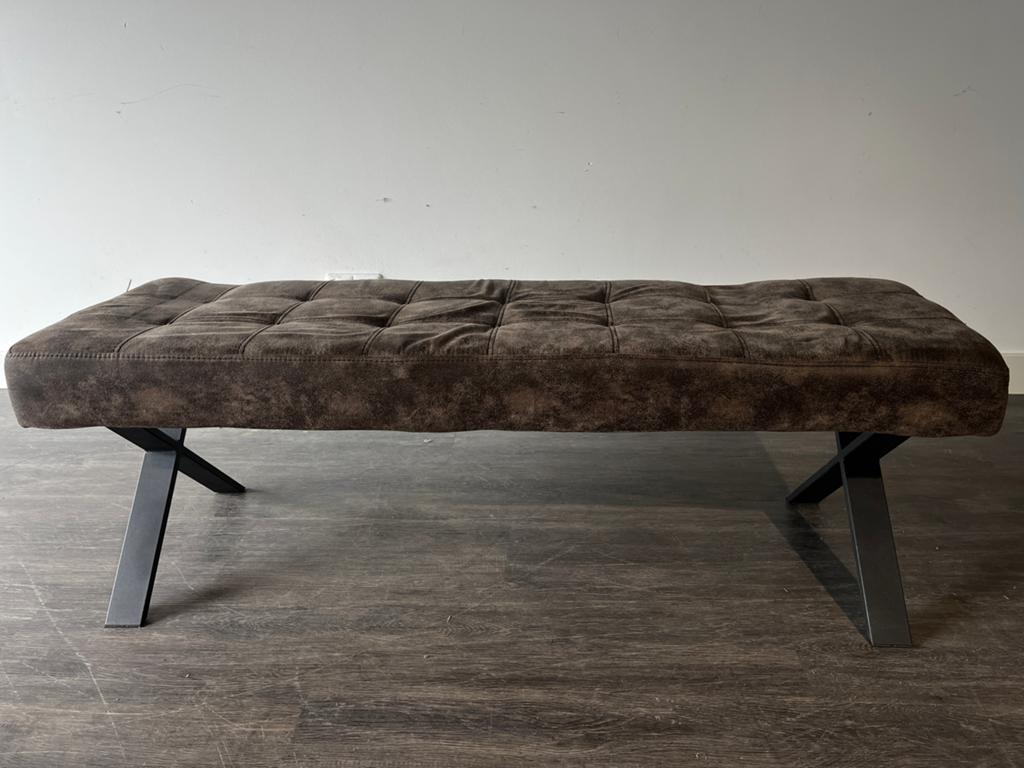 Eetkamerbank bruin alcantara leerlook, zwart metaalonderstel, Ophalen, Minder dan 75 cm, Driepersoons, Leer