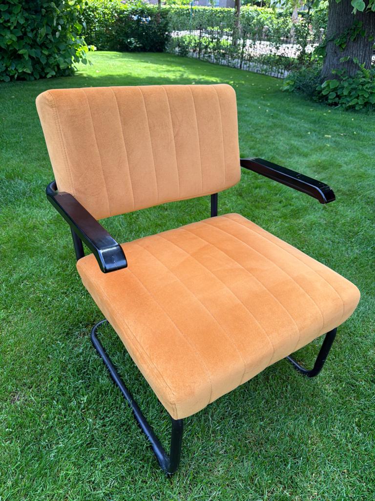 Vintage Buisframe Stoel met Armleuningen - Okergeel, Ophalen of Verzenden