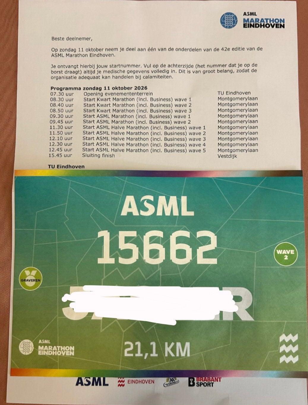 Startbewijs halve marathon Eindhoven 11 oktober, Eén persoon, Oktober