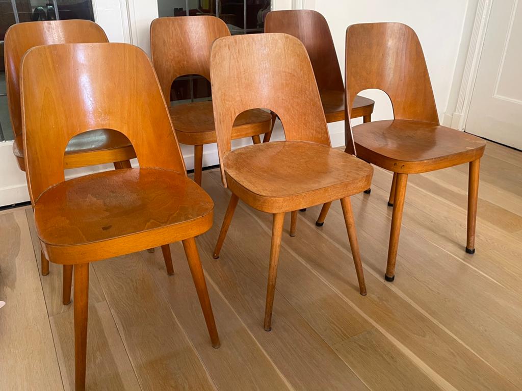 6 Oswald Haerdtl Thonet stoelen, Ophalen, Gebruikt, Bruin, Vijf, Zes of meer stoelen