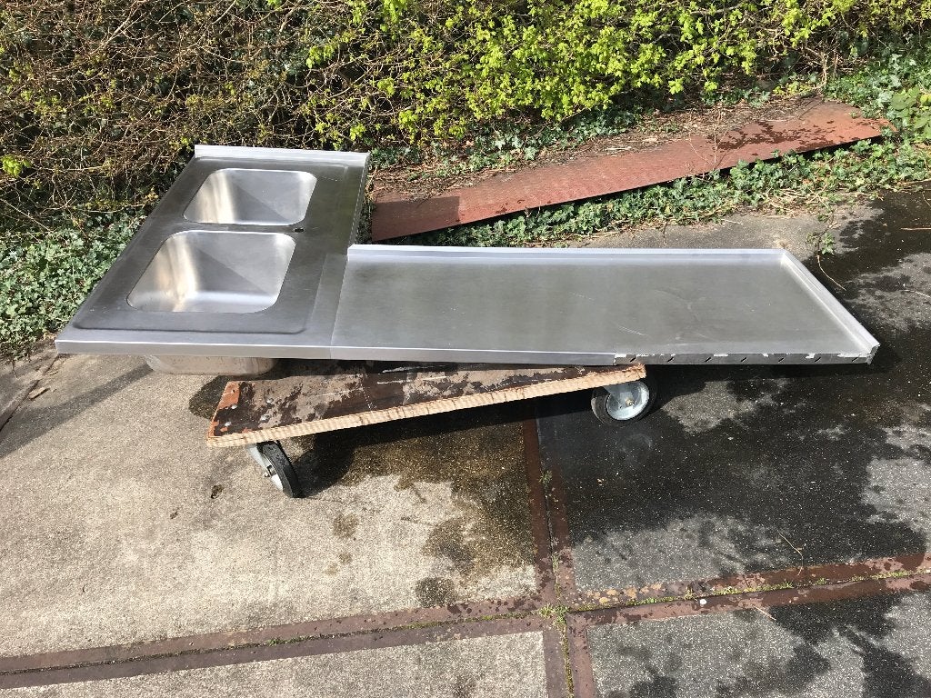 RVS dubbele hoek spoelbak werkblad los element / werktafel, Ophalen, Gebruikt, 200 cm of meer, Minder dan 100 cm
