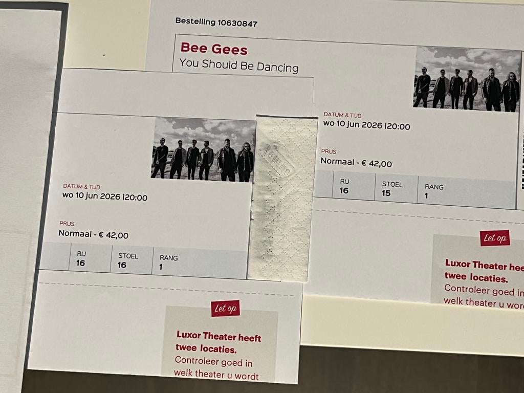 2 kaarten Bee Gees tribute in Rotterdam op 10-6-2026, Twee personen, Juni