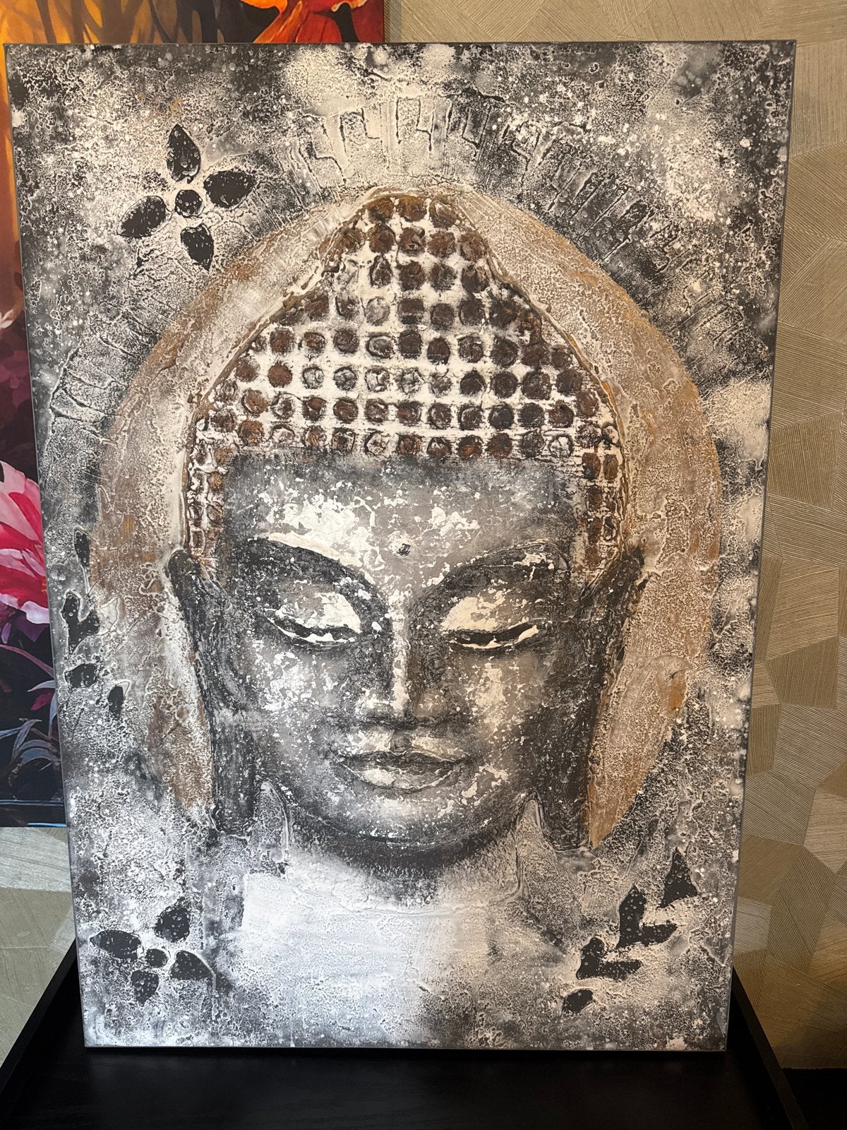 Boeddha schilderij 70x100 cm met reliëf buddha, Ophalen, Acrylverf, Overig onderwerp, Met textuur