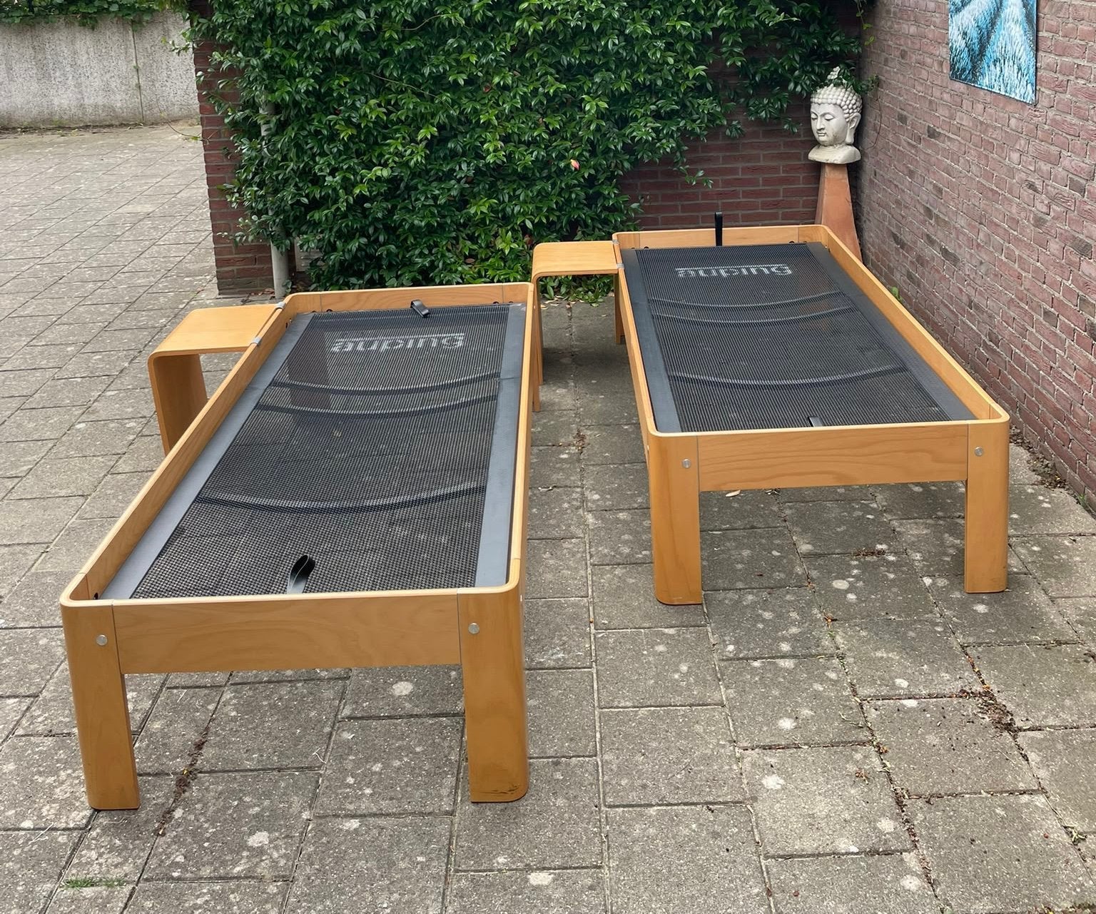 2x Auping Auronde beuken 90x200x48cm - verstelbaar- Zeer net, Ophalen, Verstelbaar, Bruin, Tweepersoons
