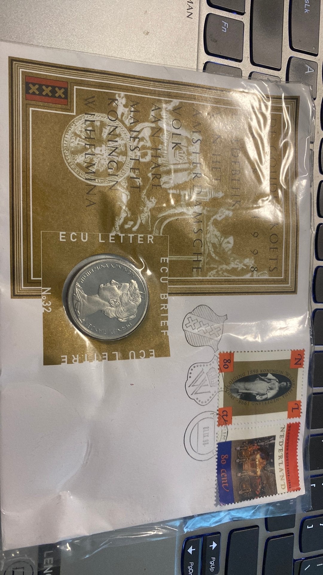 1 ecu nederland de gouden koets in brief, Ophalen of Verzenden, Buitenland, Munten