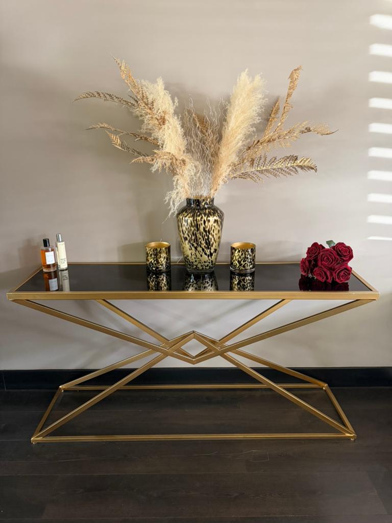 Sidetable Brass-Iron & Zwart Glas – Luxe Design, Ophalen, 100 tot 150 cm, 50 tot 100 cm, Rechthoekig