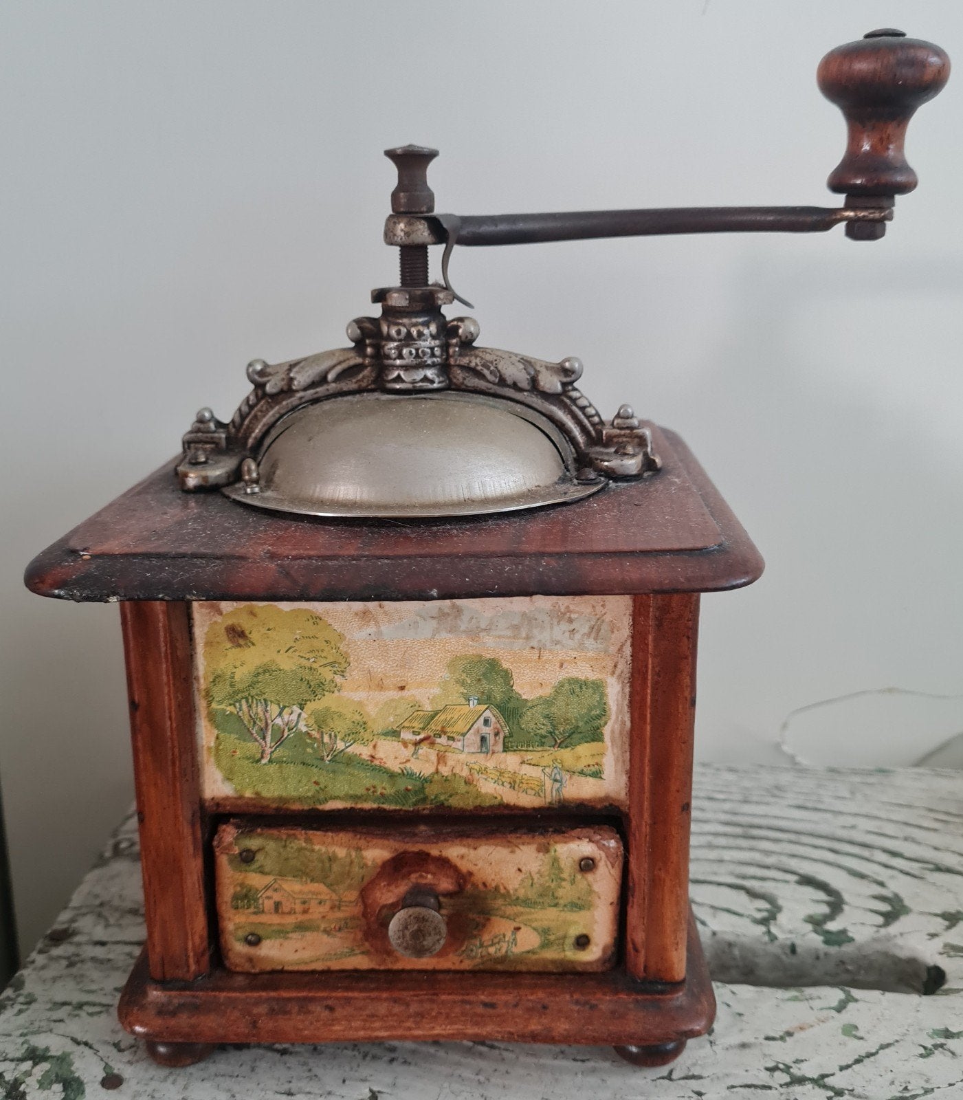 Antieke Franse koffiemolen met landschapsdecor, Ophalen of Verzenden