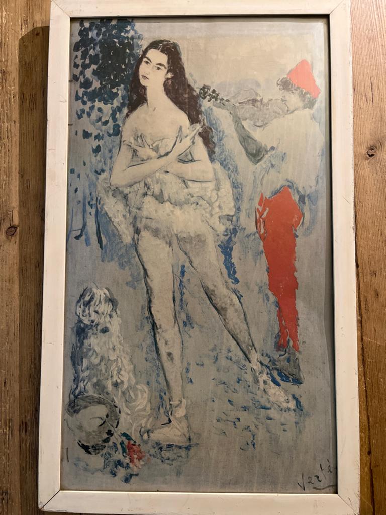 Vintage Schilderij: Vrouw, Hond en Muzikant - Gesigneerd, Ophalen