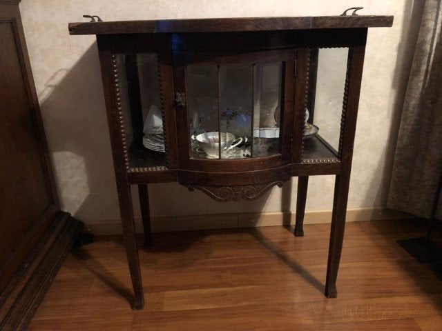 Theekastje hout antiek met geslepen glas, Ophalen