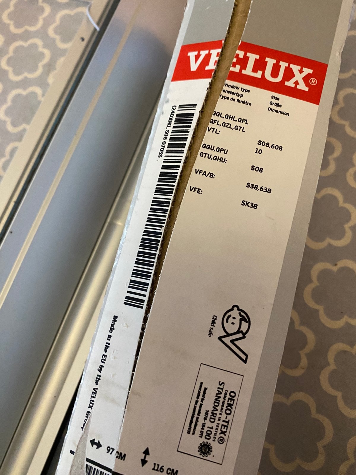 Velux verduisterend rolgordijn DKL S08, Gebruikt, 100 tot 150 cm, Overige kleuren, Print