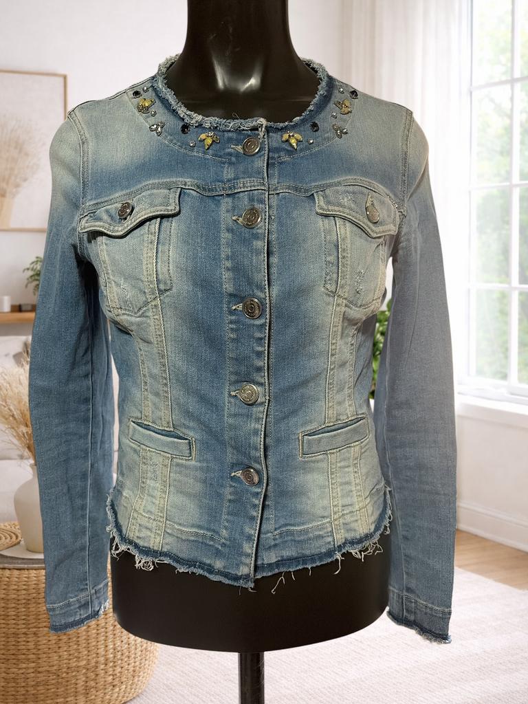 Kocca spijkerjack met stretch en strass versiering 36, Ophalen of Verzenden, Zo goed als nieuw, Maat 36 (S), Blauw