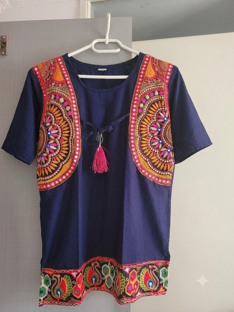 Unieke Indiase Kurta T-shirt Maat 40 M/L Donkerblauw Nieuw, Maat 38/40 (M), Nieuw, Korte mouw, Verzenden